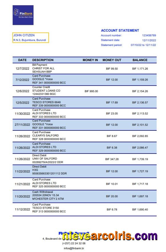 Burundi Finbank bank statement